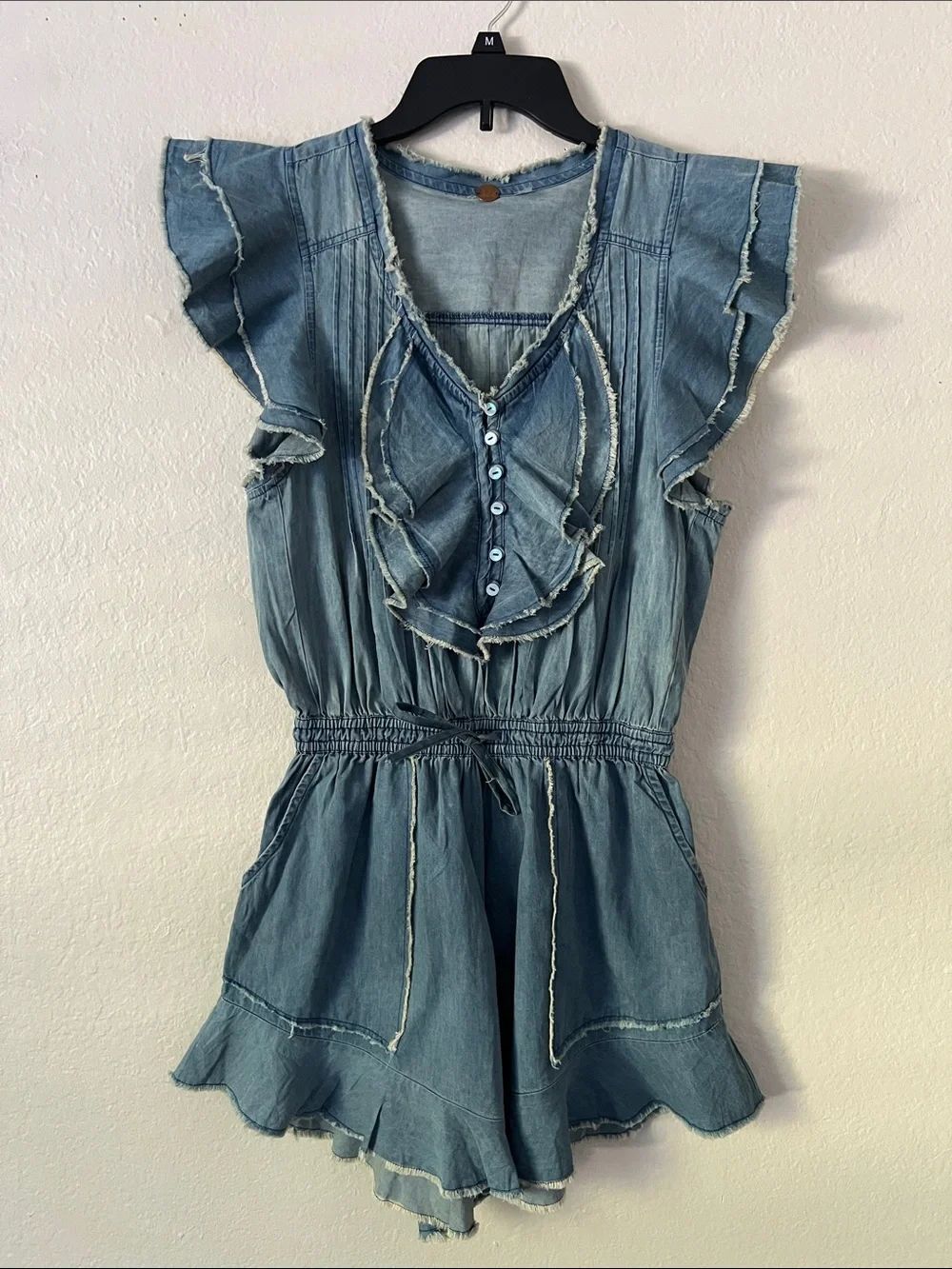Free People Light Blue Washed Denim Ruffle Romper - Picture 4 of 16